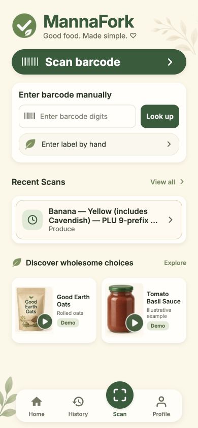 MannaFork app preview with barcode scanning, manual lookup and recent scans